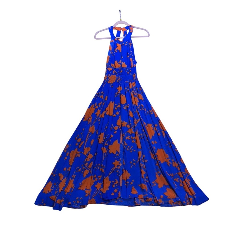 Abel The Label Maxi Dress Women Size M Blue Orange Floral Halter Neck Boho
